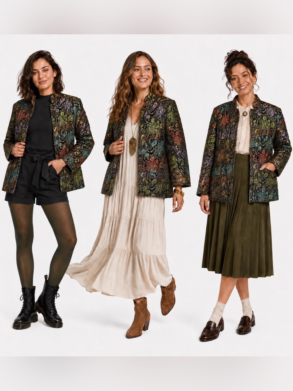 Chico's Design Embroidered Quilted Jacket Womens SZ 2 Dark Floral Art Teacher